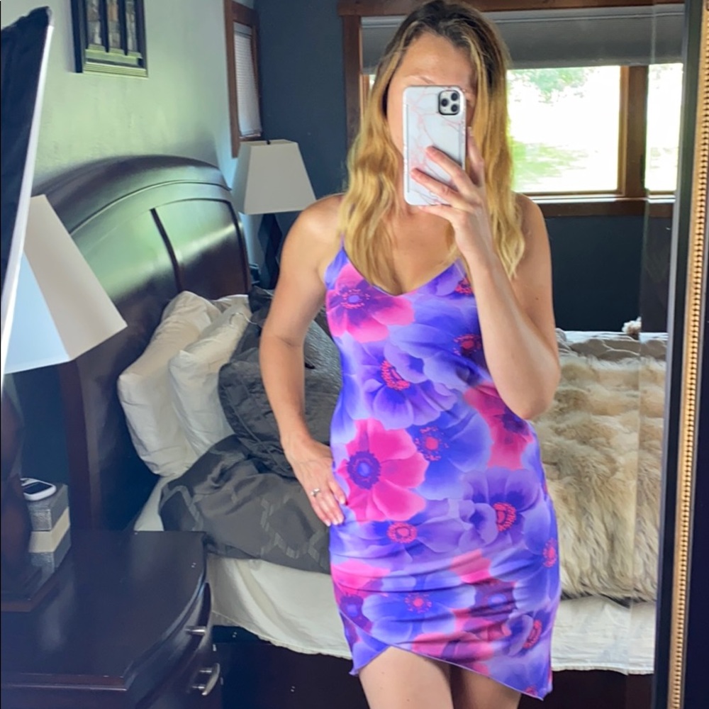 Vintage Mirrors Purple Pink Floral Asymmetrical Hem Mini Dress | Small